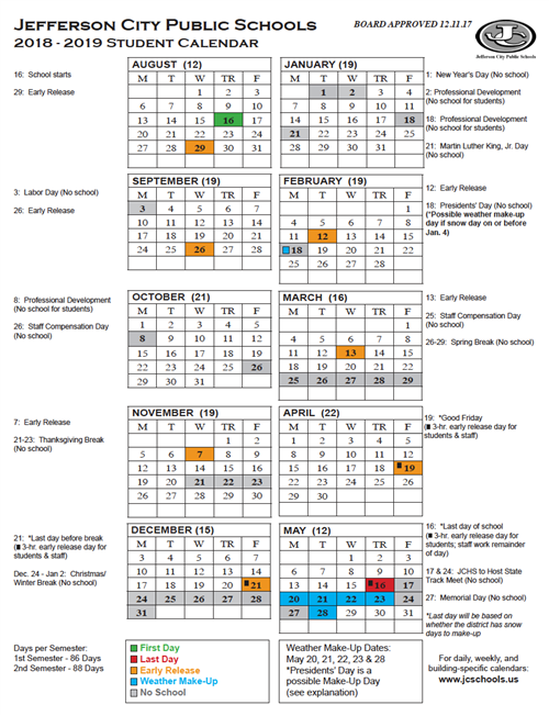 Yearly District Calendar (Printable) / 201819 Student Calendar